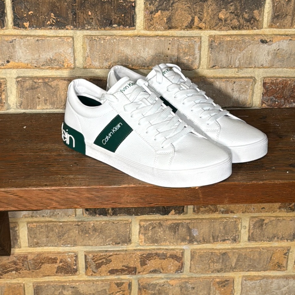 Calvin Klein Men's White Sneakers with Green Accents. NWOB